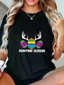 Easter Women'S T-Shirts Hunting Eggs Easter Season Deer Antlers Hunter Fun Egg Hunt T-Shirt Print Women'S T-shirt, Round Crew Neck Soft (Color: Black, size: XL)