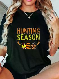 Holiday Cheer] Women's Hunting Season Graphic T-Shirt - Soft Crew Neck Short Sleeve Tee with Deer & Egg Hunt Design (Color: Black, size: L)
