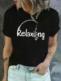 Leisure Relaxing Fishing Print Crew Neck T-Shirt, Casual Short Sleeve T-Shirt For Spring & Summer, Women'S (Color: Black, size: M)