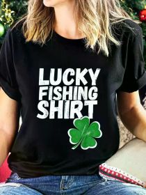 Ladies' "Lucky Fishing Shirt" Pattern T-Shirt - Black Short Sleeve, White Print, Casual Summer Top, Machine Washable (Color: Black, size: S)