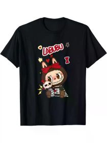 Labubu Cartoon Applique T-Shirt, 100% Cotton Crew Neck Short Sleeve Top for Men, Casual Sports Tee for Running, Yoga, Fishing (Color: Black, size: XXL)