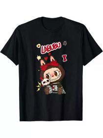 Labubu Cartoon Applique T-Shirt, 100% Cotton Crew Neck Short Sleeve Top for Men, Casual Sports Tee for Running, Yoga, Fishing (Color: Black, size: M)