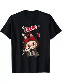 Labubu Cartoon Applique T-Shirt, 100% Cotton Crew Neck Short Sleeve Top for Men, Casual Sports Tee for Running, Yoga, Fishing (Color: Black, size: S)
