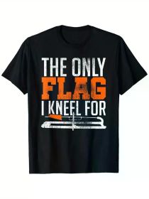 Patriotic "The Only Flag I Kneel for" Ice Fishing T-Shirt - 100% Cotton, Heavyweight, Black Crewneck, S-XXXL (Color: Black, size: XL)
