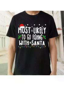 Men's Funny "Most Likely to Go Fishing with Santa" Christmas T-Shirt - Black, Breathable Cotton, Casual Sporty Style (Color: Black, size: XXL)