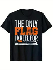 Patriotic "The Only Flag I Kneel for" Ice Fishing T-Shirt - 100% Cotton, Heavyweight, Black Crewneck, S-XXXL (Color: Black, size: XXL)