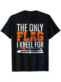 Patriotic "The Only Flag I Kneel for" Ice Fishing T-Shirt - 100% Cotton, Heavyweight, Black Crewneck, S-XXXL (Color: Black, size: S)