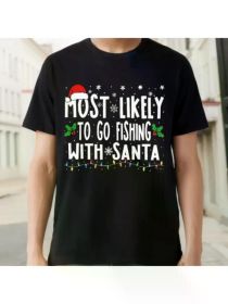 Men's Funny "Most Likely to Go Fishing with Santa" Christmas T-Shirt - Black, Breathable Cotton, Casual Sporty Style (Color: Black, size: S)
