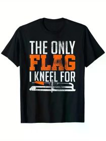 Patriotic "The Only Flag I Kneel for" Ice Fishing T-Shirt - 100% Cotton, Heavyweight, Black Crewneck, S-XXXL (Color: Black, size: L)