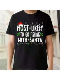 Men's Funny "Most Likely to Go Fishing with Santa" Christmas T-Shirt - Black, Breathable Cotton, Casual Sporty Style (Color: Black, size: M)
