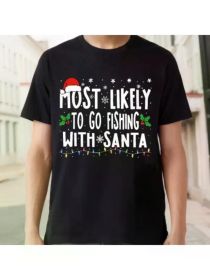 Men's Funny "Most Likely to Go Fishing with Santa" Christmas T-Shirt - Black, Breathable Cotton, Casual Sporty Style (Color: Black, size: XL)
