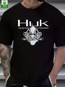 Men's HUK Performance Fishing Pattern T-Shirt - 100% Cotton, Black, with Raging Fish Design, Casual Summer Outdoor Wear (Color: Black, size: L)