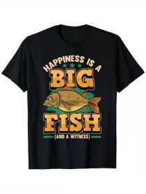 Men's 100% Cotton Fishing Humor T-Shirt - "Happiness Is A Big Fish And A Witness" Graphic, Casual Crew Neck, (Color: Black, size: XXL)