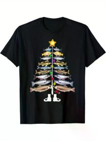 Happy Fish Christmas Tree T-Shirt | 100% Cotton, Soft & Comfortable | Fun Fishing Graphic with Colorful Lights & Star Top (Color: Black, size: L)