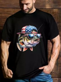 Funny fishing and fisherman gifts American Flag proverb Men's quote T-shirt, short sleeve novelty cotton shirt Classic version, round neck, T-shi (Color: Black, size: M)