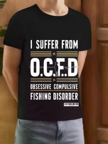 "Men's 'Suffer from OCD' Fishing Humor Black T-Shirt - 100% Cotton, Comfortable & Breathable, Round Neck Short Sleeve, (Color: Black, size: XL)