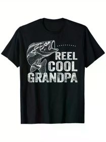 Reel Cool Grandpa" Men's Fishing Graphic Cotton T-Shirt - Casual Crew Neck, Short Sleeve, Black, Sizes S-XXXL, All- (Color: Black, size: M)