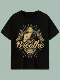 Zen-Inspired Cotton T-Shirt, 100% Crew Neck Sports Tee with Geometric Applique, All-Season Knit Fabric for Fishing & Outdoor Activities (Color: Black, size: L)