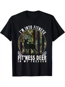 Funny 'I'm Into Fitness Deer in My Freezer' Hunting Tee - Men's Black Cotton T-Shirt with Camo Deer Graphic (Color: Black, size: M)