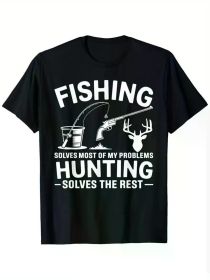 Men's Cotton T-Shirt | 'Fishing Solves Most of My Problems' Graphic Print | Breathable & Machine Washable | Casual Crew (Color: Black, size: S)
