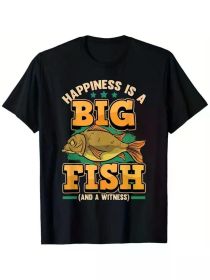Happiness Is A Big Fish And A Witness Fishermen Fishing T-Shirt, 100% cotton, fiashing novelty style t-shirt, 180g, crew neck, (Color: Black, size: XXXL)